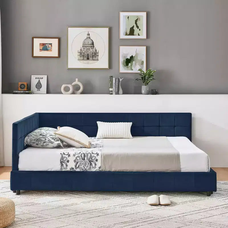 MAYEERTY Full Size Upholstered Tufted Bed Frame with Backrest and Armrest for Bedroom Blue