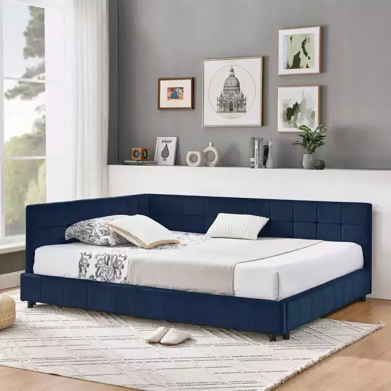 Cadre de lit capitonné pleine grandeur avec dossier et accoudoir pour chambre à coucher bleu