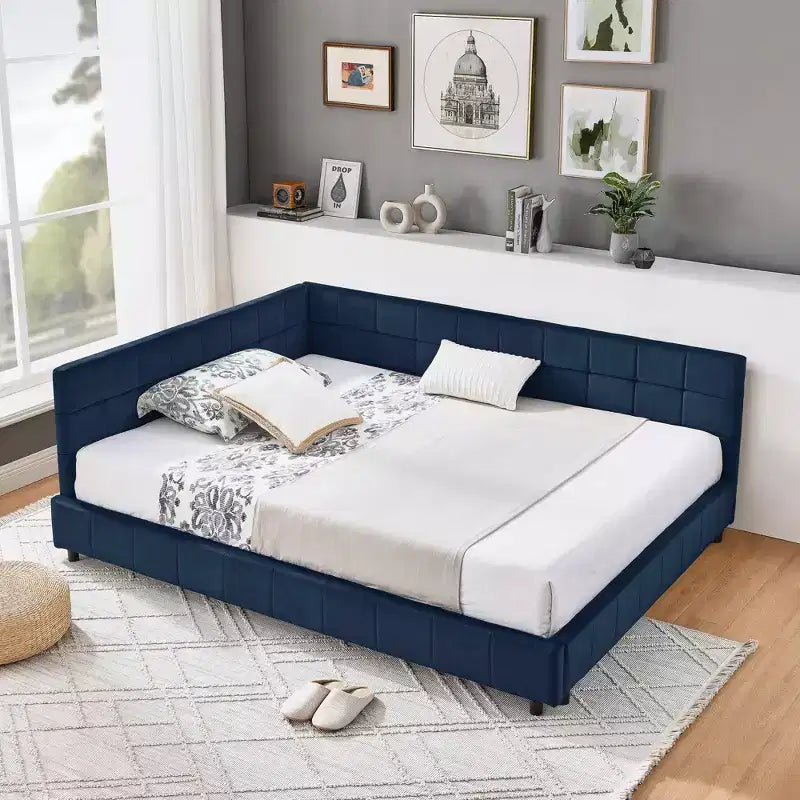 Cadre de lit capitonné pleine grandeur avec dossier et accoudoir pour chambre à coucher bleu