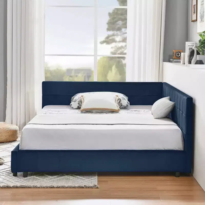 Cadre de lit capitonné pleine grandeur avec dossier et accoudoir pour chambre à coucher bleu