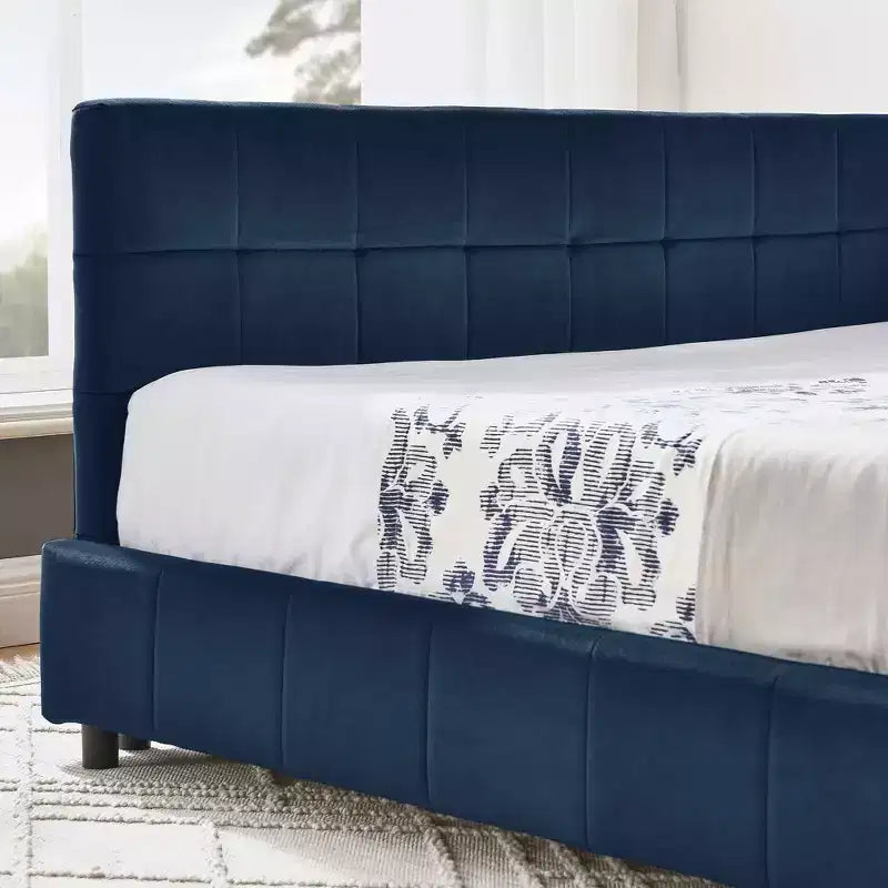 Cadre de lit capitonné pleine grandeur avec dossier et accoudoir pour chambre à coucher bleu
