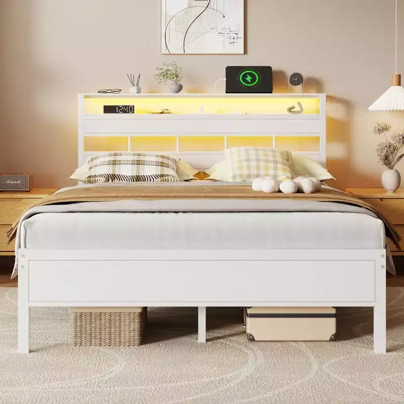White Queen Platform Bed Frame With Storage Headboard LED Lights Charging Station Heavy Duty Metal Slat Support No Box Spring Needed Modern Bedroom