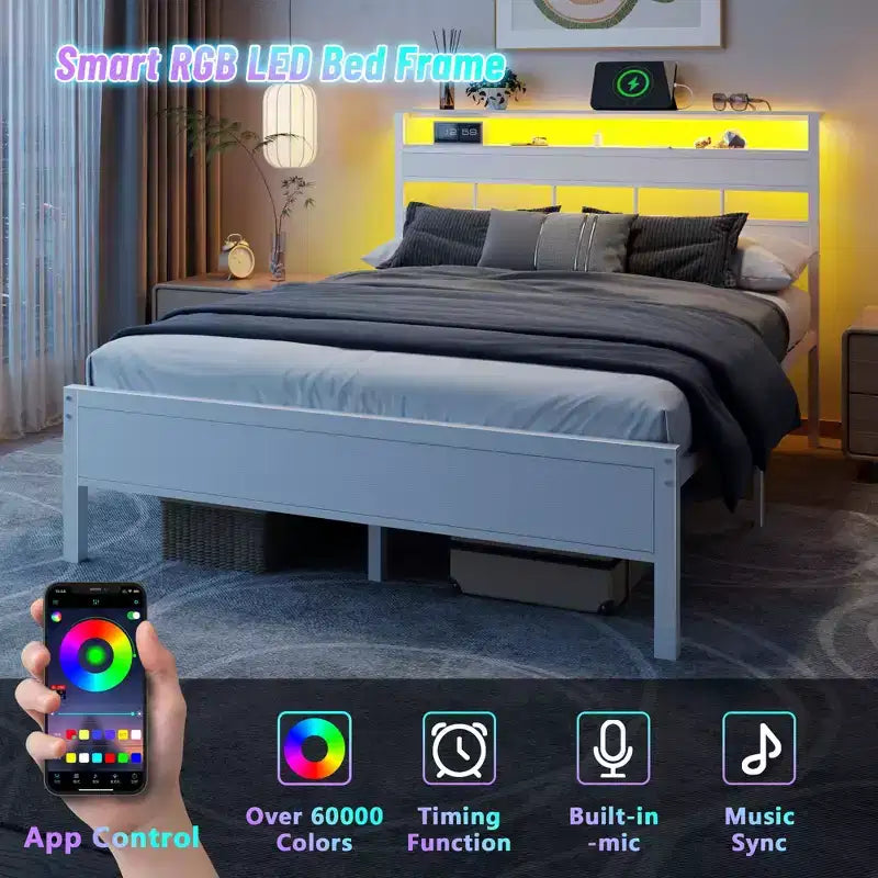 Cadre de lit plateforme Queen blanc avec tête de lit de rangement, lumières LED, station de recharge, support de lattes métalliques robustes, pas besoin de sommier, chambre à coucher moderne