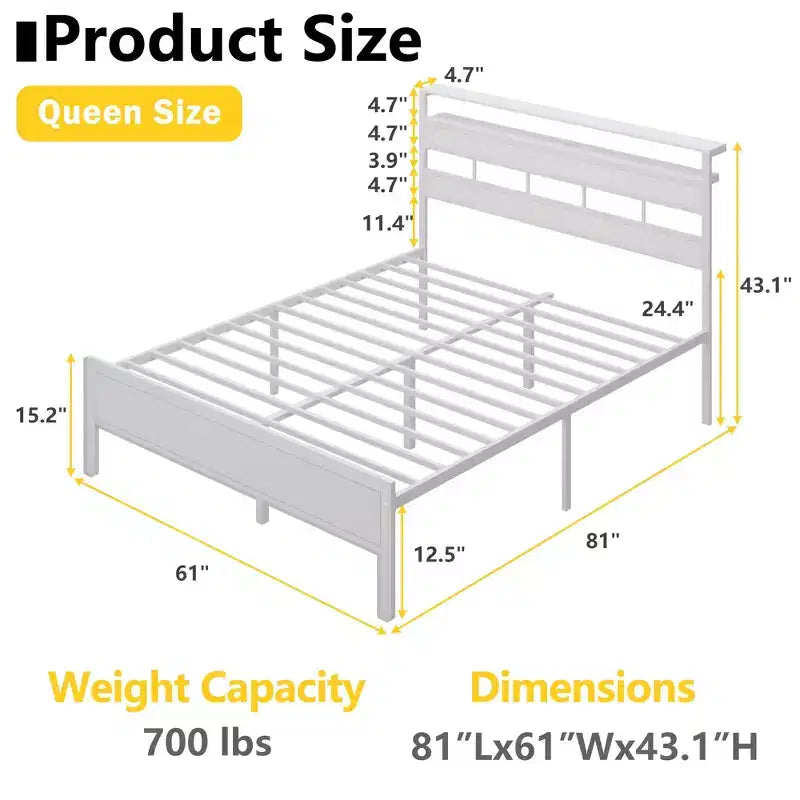 Cadre de lit plateforme Queen blanc avec tête de lit de rangement, lumières LED, station de recharge, support de lattes métalliques robustes, pas besoin de sommier, chambre à coucher moderne