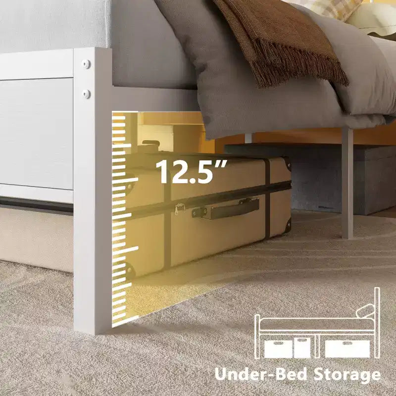 Cadre de lit plateforme Queen blanc avec tête de lit de rangement, lumières LED, station de recharge, support de lattes métalliques robustes, pas besoin de sommier, chambre à coucher moderne