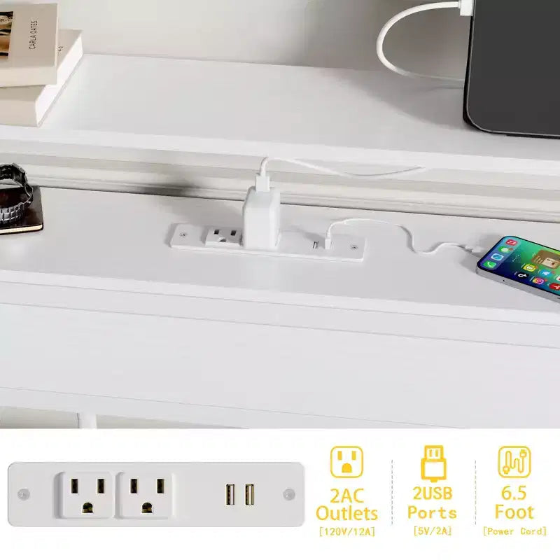 Cadre de lit plateforme Queen blanc avec tête de lit de rangement, lumières LED, station de recharge, support de lattes métalliques robustes, pas besoin de sommier, chambre à coucher moderne