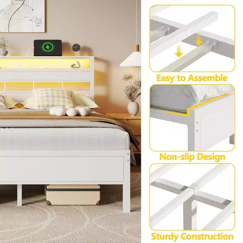 Cadre de lit plateforme Queen blanc avec tête de lit de rangement, lumières LED, station de recharge, support de lattes métalliques robustes, pas besoin de sommier, chambre à coucher moderne