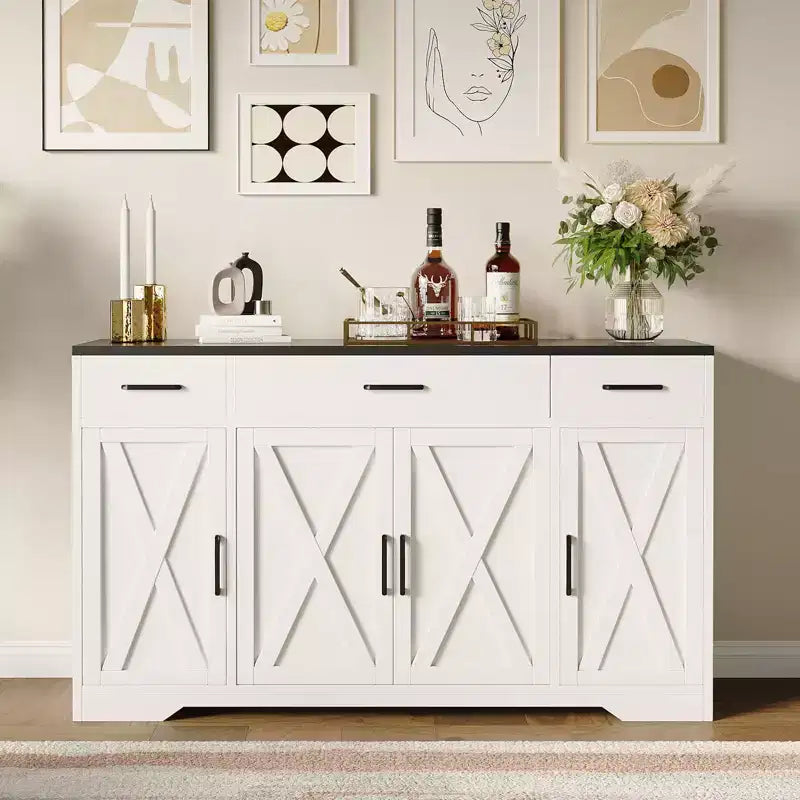 COZONY 55 Buffet Sideboard Cabinet - 4 Doors, 3 Drawers, Adjustable Shelf, Kitchen Storage Cabinet for Dining Room, Living Room, Coffee Bar