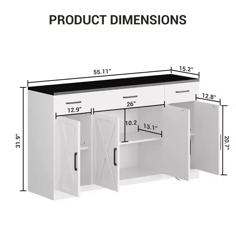 Buffet de salle à manger 55" - 4 portes, 3 tiroirs, étagère réglable, meuble de rangement de cuisine pour salle à manger