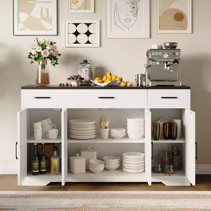 Buffet de salle à manger 55" - 4 portes, 3 tiroirs, étagère réglable, meuble de rangement de cuisine pour salle à manger