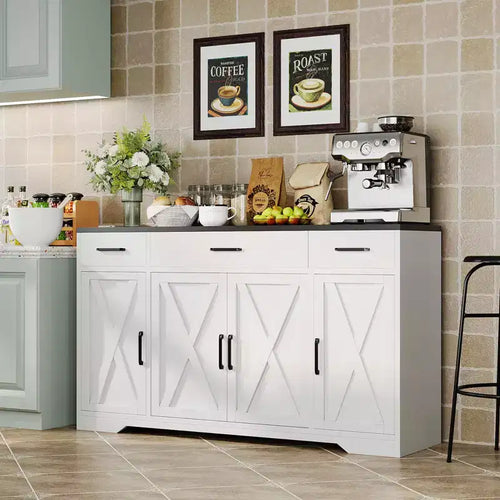 Buffet de salle à manger 55" - 4 portes, 3 tiroirs, étagère réglable, meuble de rangement de cuisine pour salle à manger