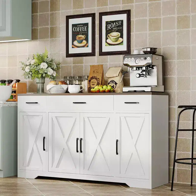 Buffet de salle à manger 55" - 4 portes, 3 tiroirs, étagère réglable, meuble de rangement de cuisine pour salle à manger