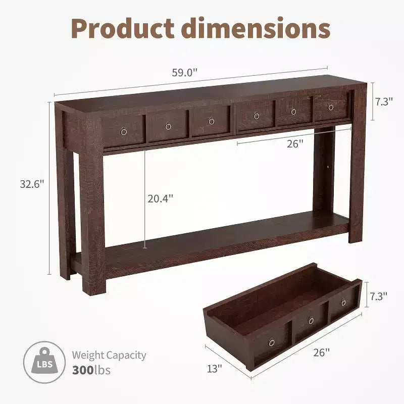 Console d'entrée de 150 cm, table de canapé étroite et longue à 2 niveaux avec 2 tiroirs, table en bois à placer derrière le canapé, table de hall d'entrée pour le salon