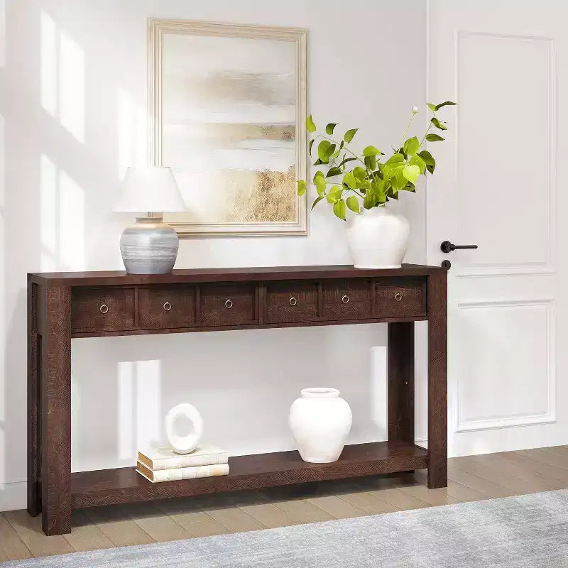 Console d'entrée de 150 cm, table de canapé étroite et longue à 2 niveaux avec 2 tiroirs, table en bois à placer derrière le canapé, table de hall d'entrée pour le salon