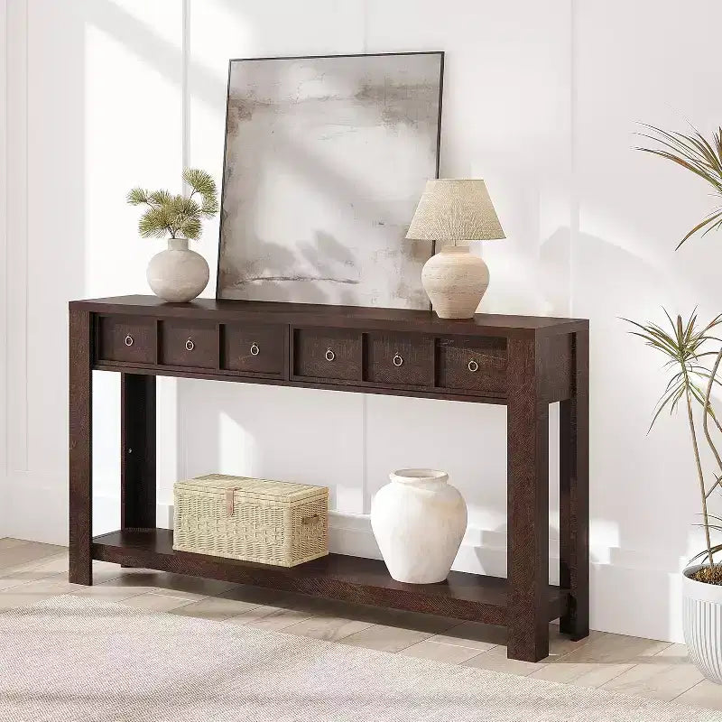 Console d'entrée de 150 cm, table de canapé étroite et longue à 2 niveaux avec 2 tiroirs, table en bois à placer derrière le canapé, table de hall d'entrée pour le salon