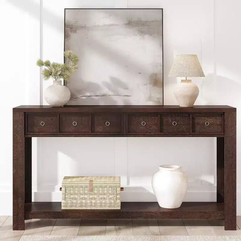 Console d'entrée de 150 cm, table de canapé étroite et longue à 2 niveaux avec 2 tiroirs, table en bois à placer derrière le canapé, table de hall d'entrée pour le salon