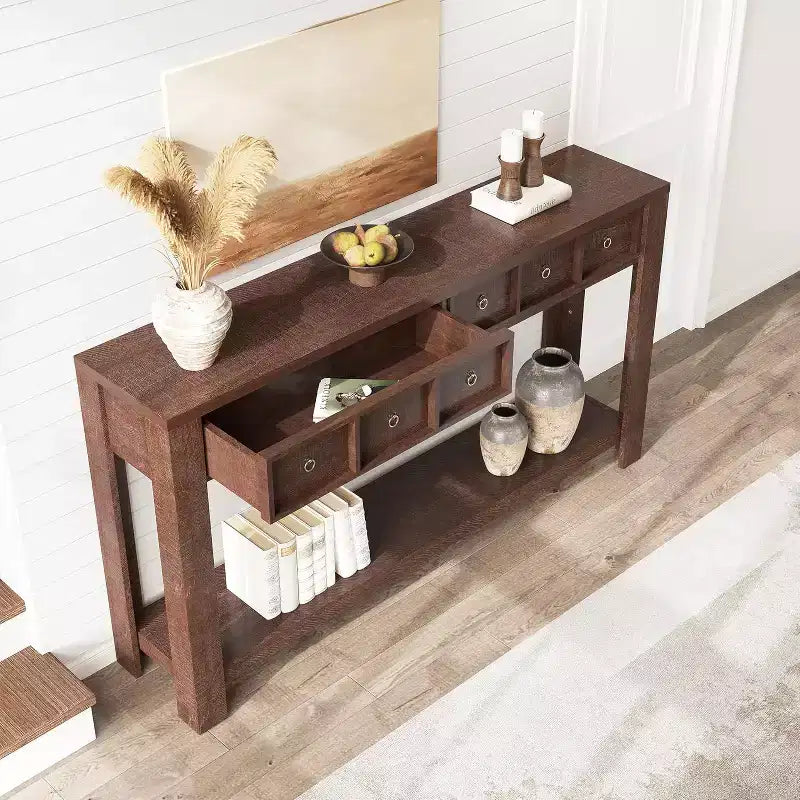 Console d'entrée de 150 cm, table de canapé étroite et longue à 2 niveaux avec 2 tiroirs, table en bois à placer derrière le canapé, table de hall d'entrée pour le salon
