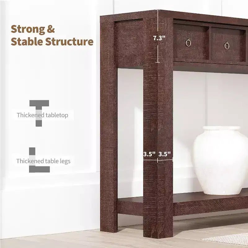 Console d'entrée de 150 cm, table de canapé étroite et longue à 2 niveaux avec 2 tiroirs, table en bois à placer derrière le canapé, table de hall d'entrée pour le salon