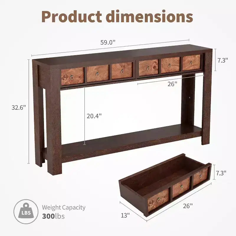 Console d'entrée de 150 cm, table de canapé étroite et longue à 2 niveaux avec 2 tiroirs, table en bois à placer derrière le canapé, table de hall d'entrée pour le salon