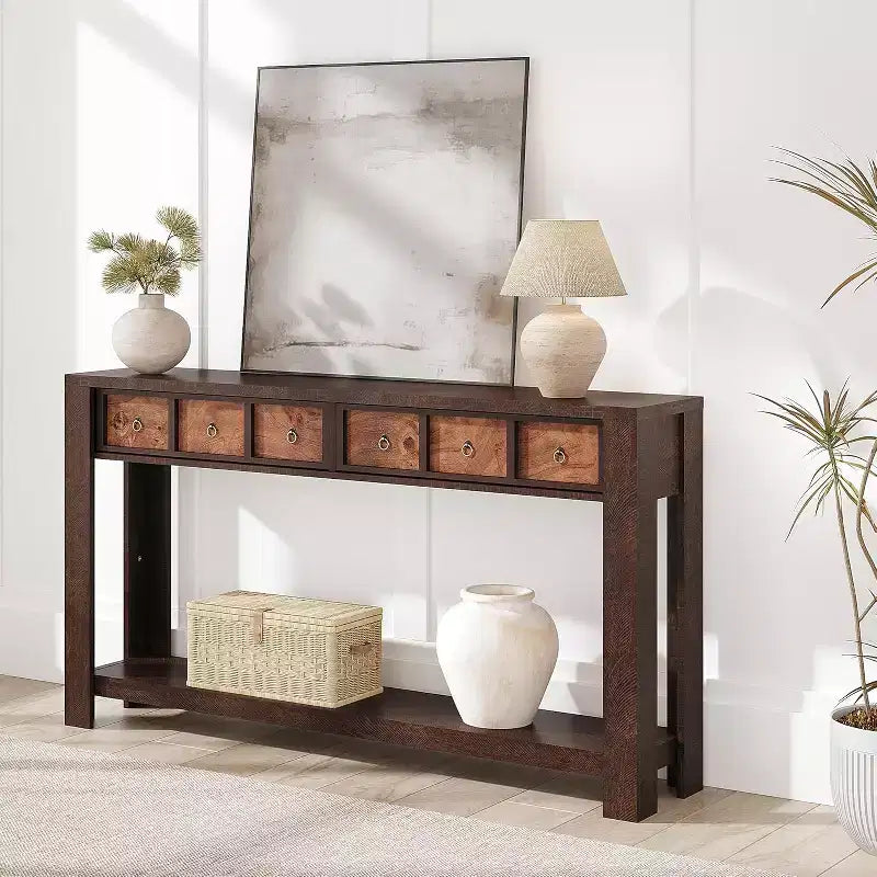 Console d'entrée de 150 cm, table de canapé étroite et longue à 2 niveaux avec 2 tiroirs, table en bois à placer derrière le canapé, table de hall d'entrée pour le salon
