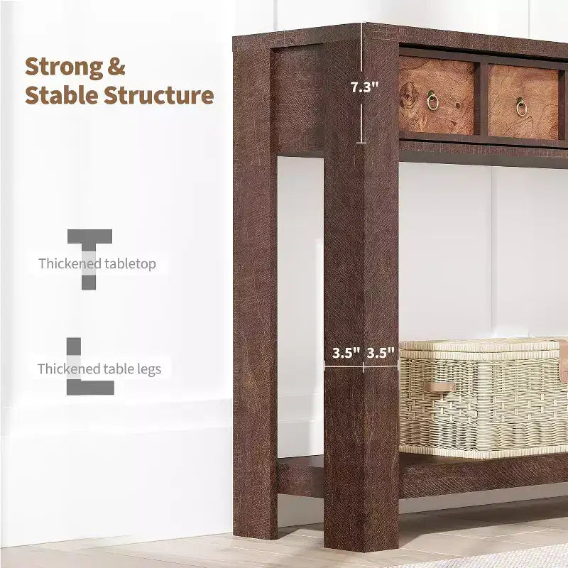 Console d'entrée de 150 cm, table de canapé étroite et longue à 2 niveaux avec 2 tiroirs, table en bois à placer derrière le canapé, table de hall d'entrée pour le salon