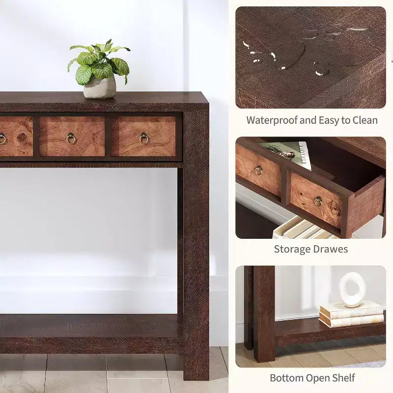 Console d'entrée de 150 cm, table de canapé étroite et longue à 2 niveaux avec 2 tiroirs, table en bois à placer derrière le canapé, table de hall d'entrée pour le salon