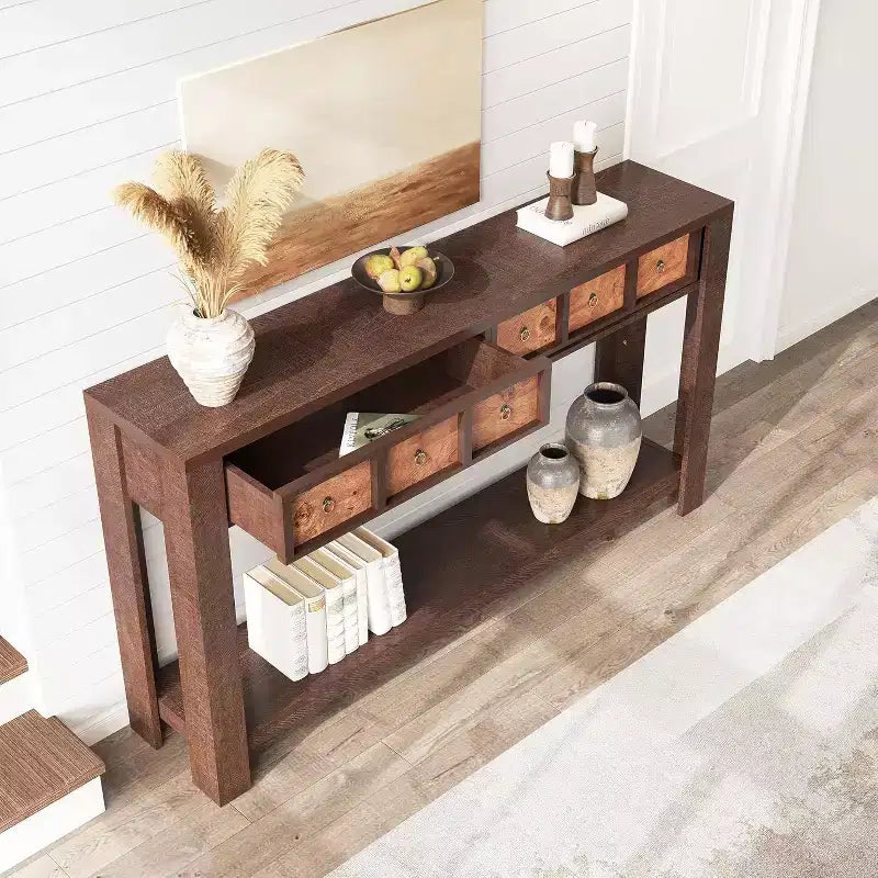 Console d'entrée de 150 cm, table de canapé étroite et longue à 2 niveaux avec 2 tiroirs, table en bois à placer derrière le canapé, table de hall d'entrée pour le salon