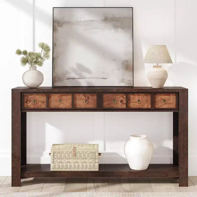 Console d'entrée de 150 cm, table de canapé étroite et longue à 2 niveaux avec 2 tiroirs, table en bois à placer derrière le canapé, table de hall d'entrée pour le salon