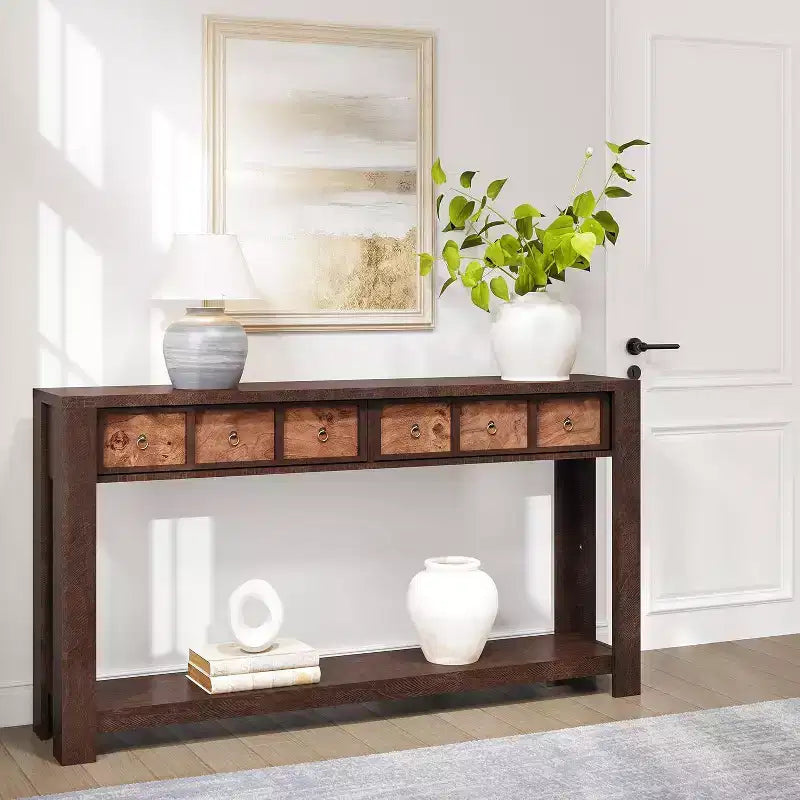 59 Entryway Console Table, 2 Tier Narrow Long Sofa Table with 2 Drawers, Wooden Behind Couch Table, Entry Foyer Table for Living Room
