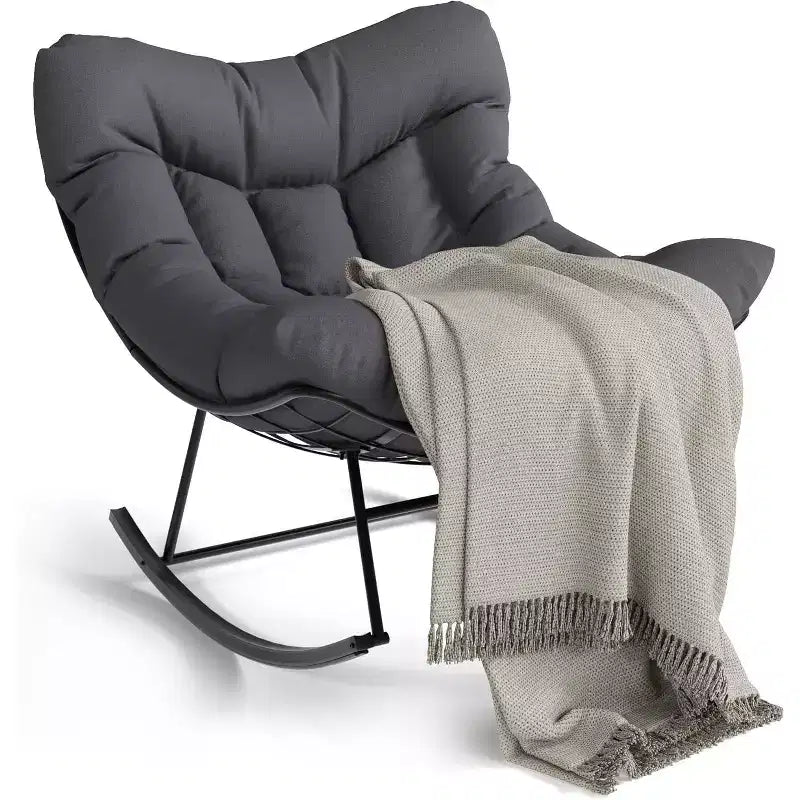 Fauteuil à bascule d'extérieur, fauteuil à bascule surdimensionné avec cadre métallique robuste, fauteuil à bascule œuf en rotin pour balcon, jardin, porche, chambre à coucher