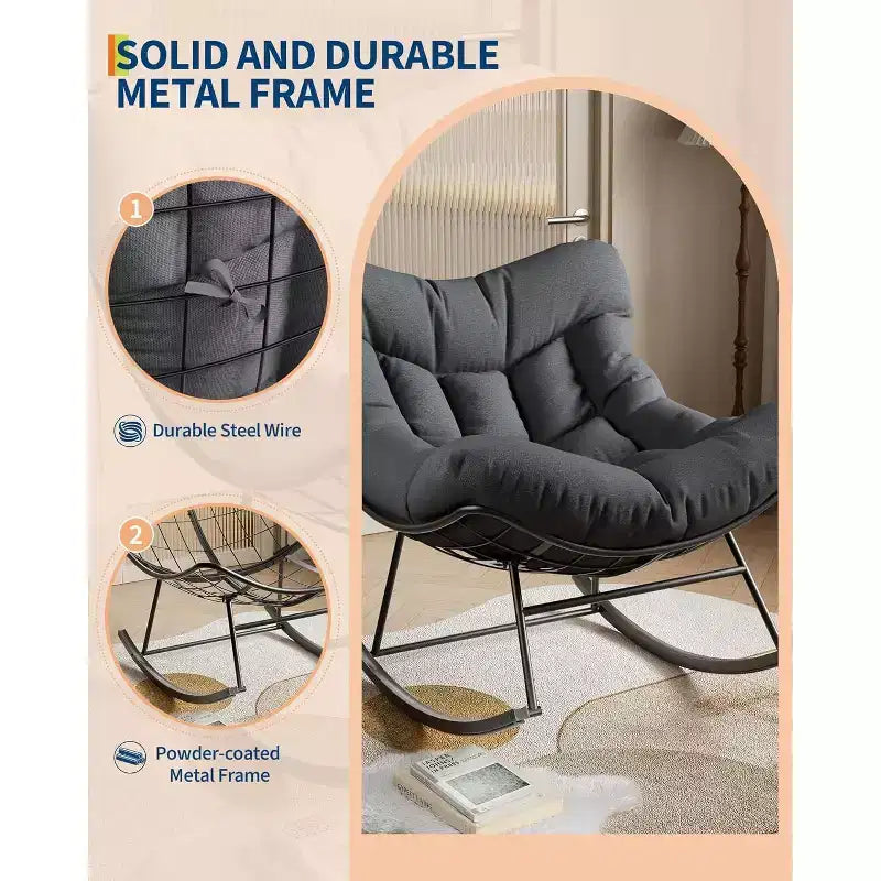 Fauteuil à bascule d'extérieur, fauteuil à bascule surdimensionné avec cadre métallique robuste, fauteuil à bascule œuf en rotin pour balcon, jardin, porche, chambre à coucher