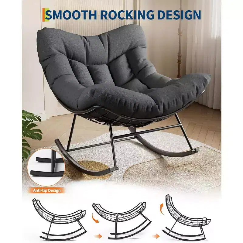 Fauteuil à bascule d'extérieur, fauteuil à bascule surdimensionné avec cadre métallique robuste, fauteuil à bascule œuf en rotin pour balcon, jardin, porche, chambre à coucher