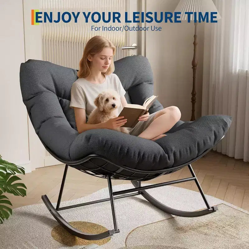 Fauteuil à bascule d'extérieur, fauteuil à bascule surdimensionné avec cadre métallique robuste, fauteuil à bascule œuf en rotin pour balcon, jardin, porche, chambre à coucher