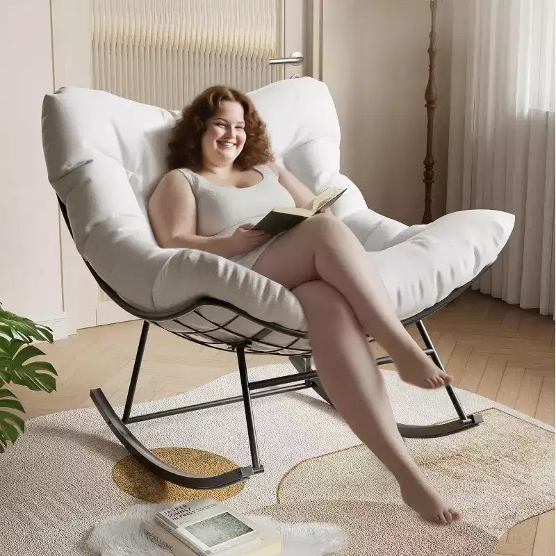 Fauteuil à bascule d'extérieur, fauteuil à bascule surdimensionné avec cadre métallique robuste, fauteuil à bascule œuf en rotin pour balcon, jardin, porche, chambre à coucher