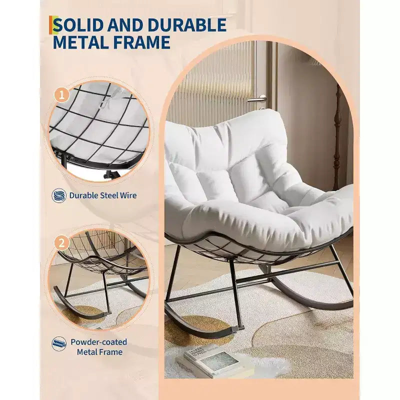 Fauteuil à bascule d'extérieur, fauteuil à bascule surdimensionné avec cadre métallique robuste, fauteuil à bascule œuf en rotin pour balcon, jardin, porche, chambre à coucher