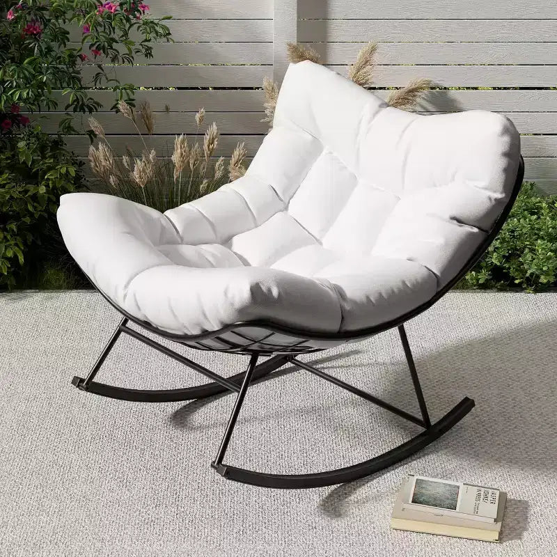 Outdoor Papasan Rocking Chair, Oversized Rocking Chair with Sturdy Metal Frame, Patio Rattan Egg Rocker for Balcony Backyard Porch Bedroom