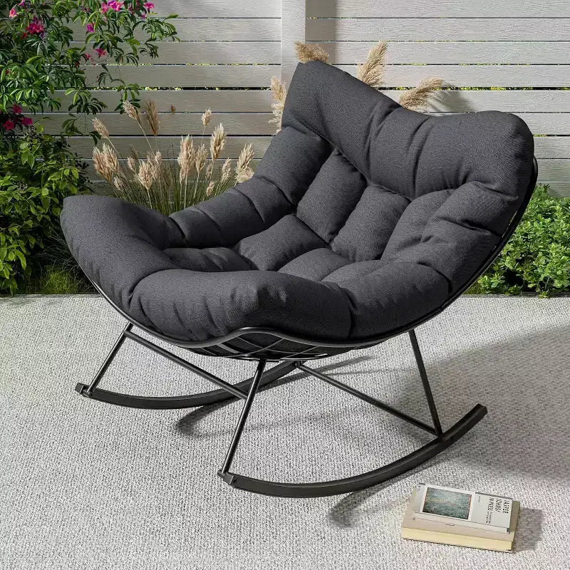 Fauteuil à bascule d'extérieur, fauteuil à bascule surdimensionné avec cadre métallique robuste, fauteuil à bascule œuf en rotin pour balcon, jardin, porche, chambre à coucher