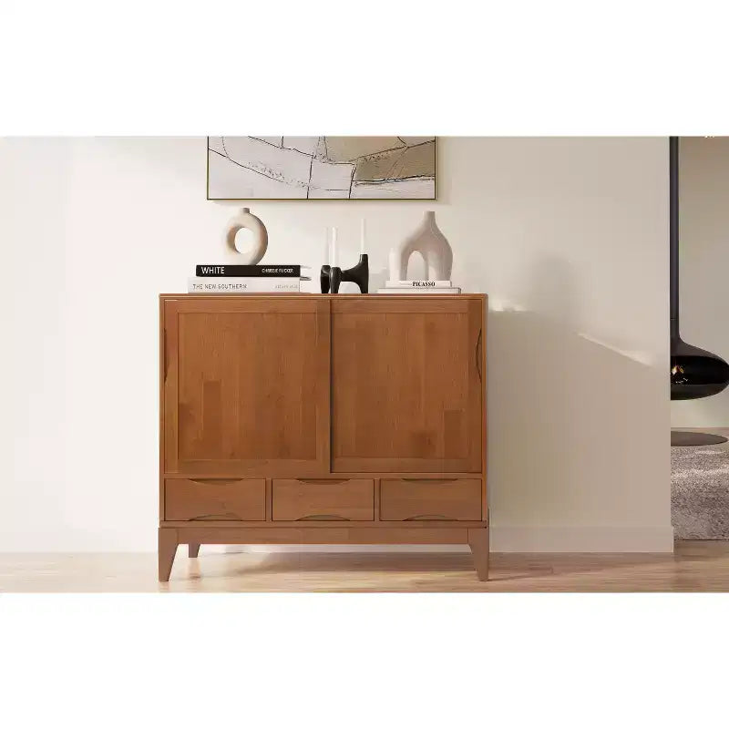 Buffet bas Mid-Century Modern en bois massif de 122 cm de large