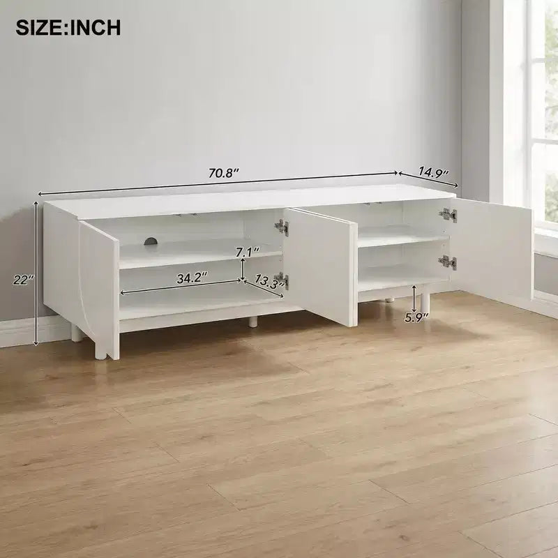 Meuble TV élégant et raffiné avec pieds en arc, adapté aux téléviseurs jusqu'à 78 pouces. Doté d'un design minimaliste avec pieds en bois massif blanc.