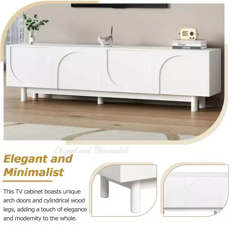 Meuble TV élégant et raffiné avec pieds en arc, adapté aux téléviseurs jusqu'à 78 pouces. Doté d'un design minimaliste avec pieds en bois massif blanc.