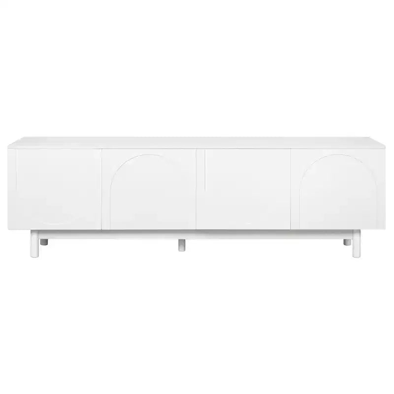 Meuble TV élégant et raffiné avec pieds en arc, adapté aux téléviseurs jusqu'à 78 pouces. Doté d'un design minimaliste avec pieds en bois massif blanc.