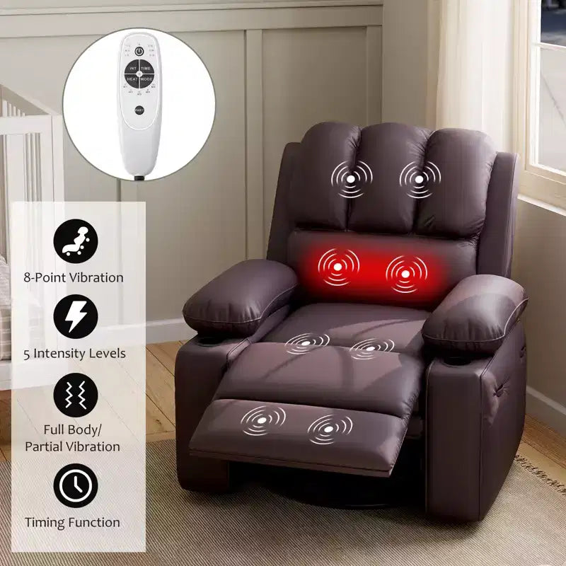 Fauteuil inclinable, fauteuil à bascule avec massage et chaleur, fauteuils de salon pivotants à 360° pour adultes, fauteuil inclinable manuel à bascule avec porte-gobelet pour salon