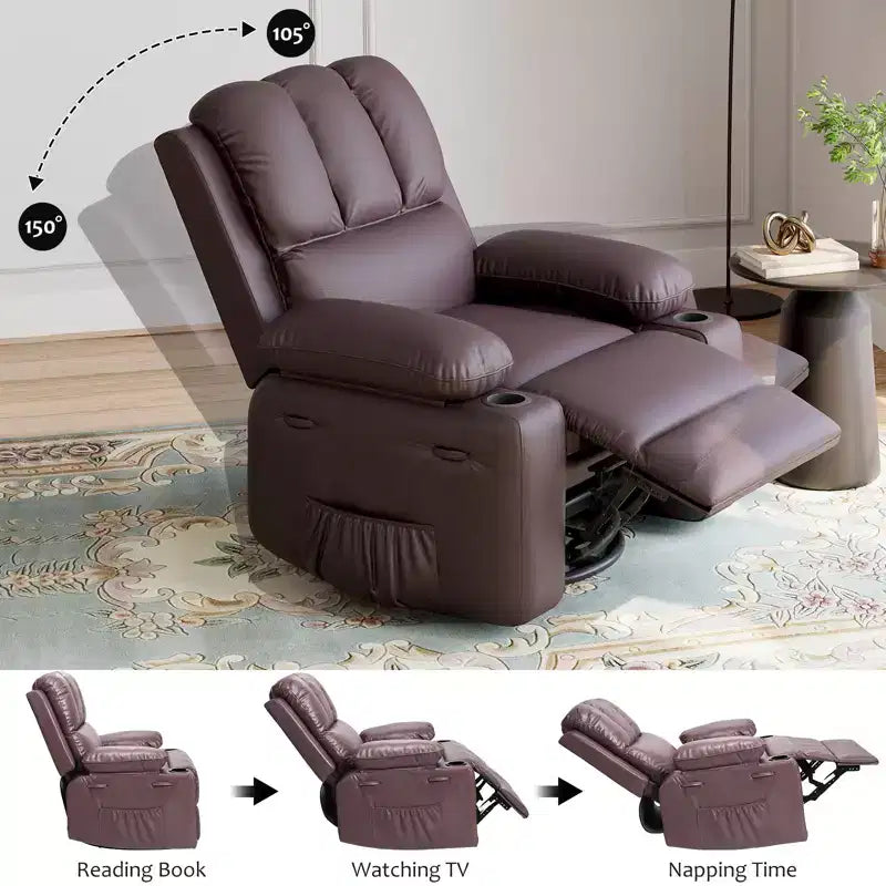 Fauteuil inclinable, fauteuil à bascule avec massage et chaleur, fauteuils de salon pivotants à 360° pour adultes, fauteuil inclinable manuel à bascule avec porte-gobelet pour salon