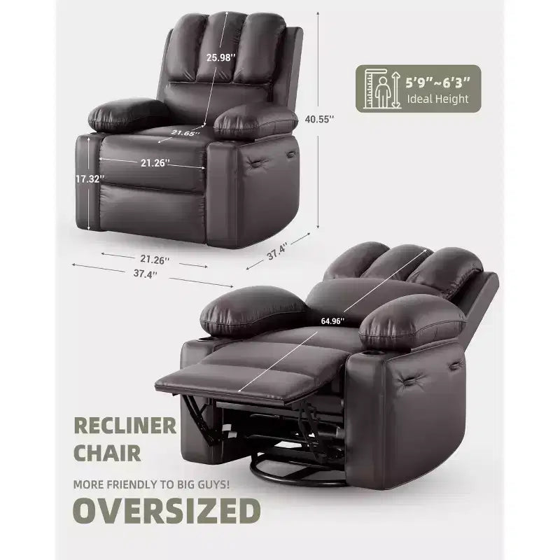 Fauteuil inclinable, fauteuil à bascule avec massage et chaleur, fauteuils de salon pivotants à 360° pour adultes, fauteuil inclinable manuel à bascule avec porte-gobelet pour salon