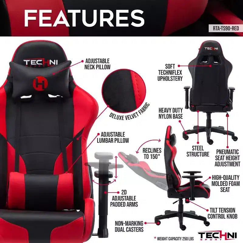 Fauteuil de jeu ergonomique réglable, Chaises de bureau pivotantes à 360° avec oreillers pour la tête et les lombaires, Fauteuil inclinable à 90-150° pour bureau et maison, 113 kg max, Rouge