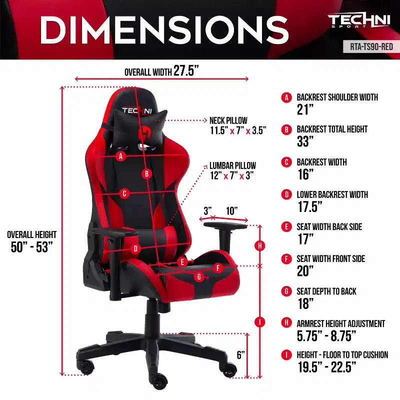 Fauteuil de jeu ergonomique réglable, Chaises de bureau pivotantes à 360° avec oreillers pour la tête et les lombaires, Fauteuil inclinable à 90-150° pour bureau et maison, 113 kg max, Rouge