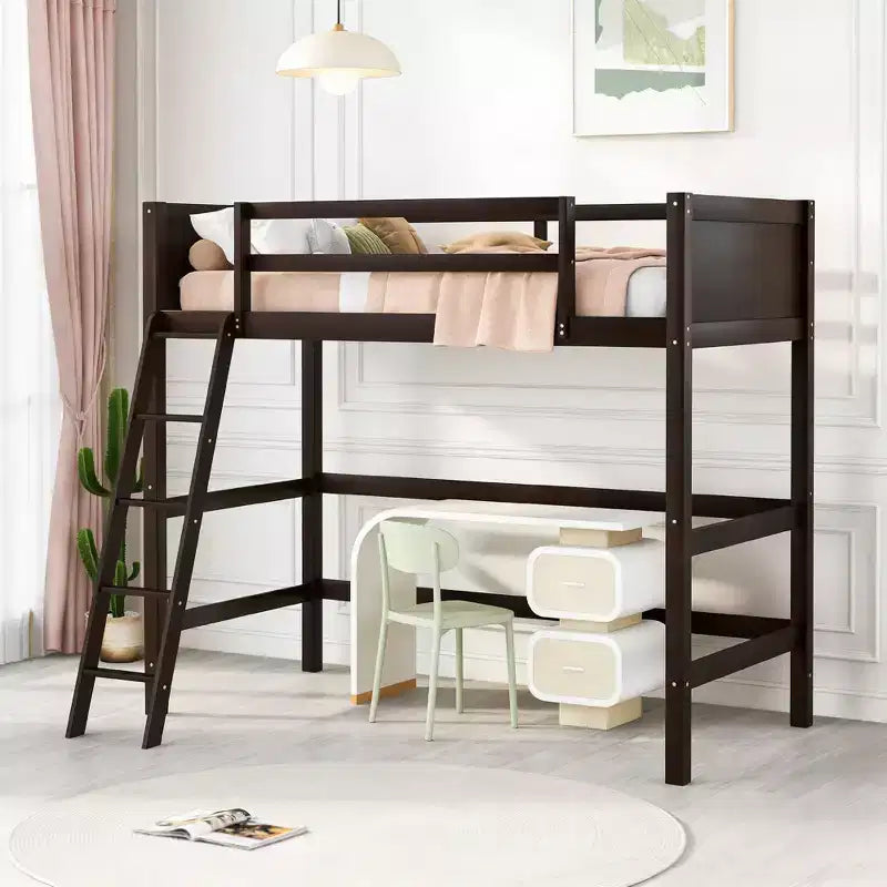 Luxystar Twin Size Modern Wooden Loft Bed with Slanted Ladder