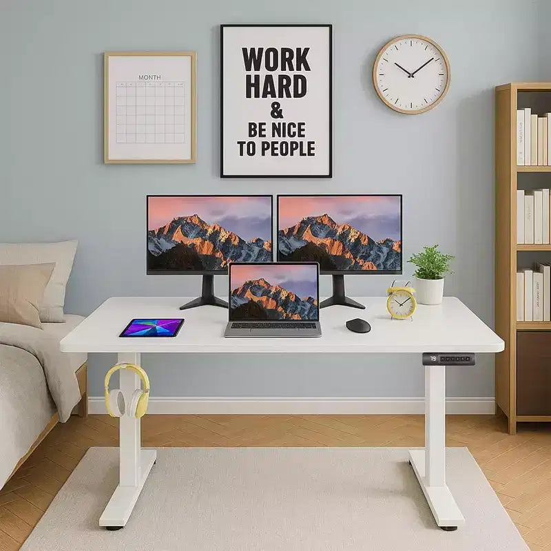 Cadre de bureau électrique assis-debout à double moteur/poutre robuste avec gestion des câbles, roulettes, crochets, capacité de 120 kg, compatible avec plateaux jusqu'à 198 x 101 cm