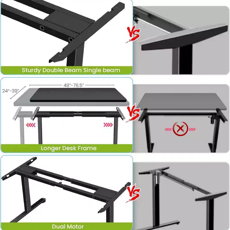 Cadre de bureau électrique assis-debout à double moteur/poutre robuste avec gestion des câbles, roulettes, crochets, capacité de 120 kg, compatible avec plateaux jusqu'à 198 x 101 cm