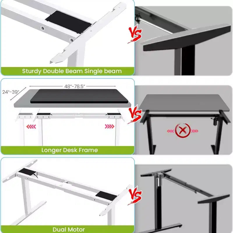 Cadre de bureau électrique assis-debout à double moteur/poutre robuste avec gestion des câbles, roulettes, crochets, capacité de 120 kg, compatible avec plateaux jusqu'à 198 x 101 cm